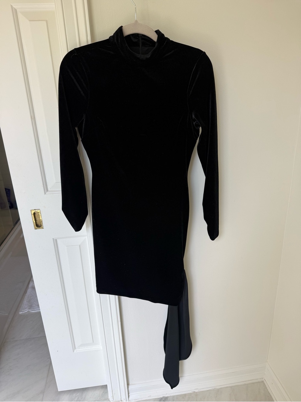 Black Velvet Long-Sleeve High Neck Asymmetric Dress